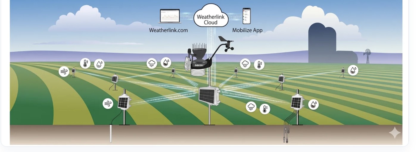 Diagrama del sistema EnviroMonitor: nodos en el campo, gateway, WeatherLink Cloud y la app Mobilize